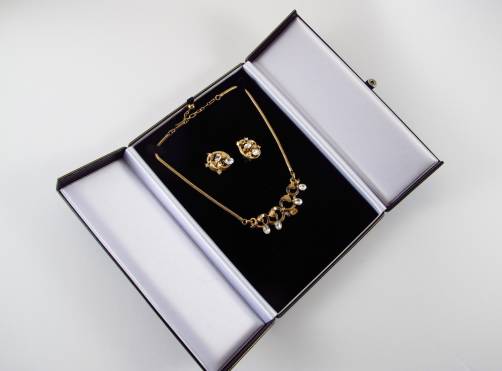 Trifari vintage rhinestones on gold tone necklace & earrings 1950`s ca, American